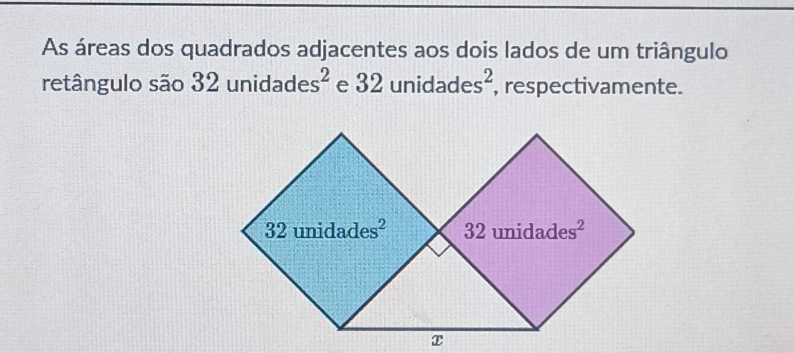 As áreas dos quadrados adjacentes aos dois lados de um triângulo
retângulo são 32unidades^2 e 32unidades^2, , respectivamente.