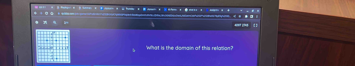 Playing ε ∈ x g su Joyous H× ▲ Thursday "Joyous H'
@ quizizz.com/joln/game/U2FsdGVkX1%252BUVyA7qWINSPOqMnh5loM0qaDmOU9VSU
E9g % 2530

4097 2743
What is the domain of this relation?