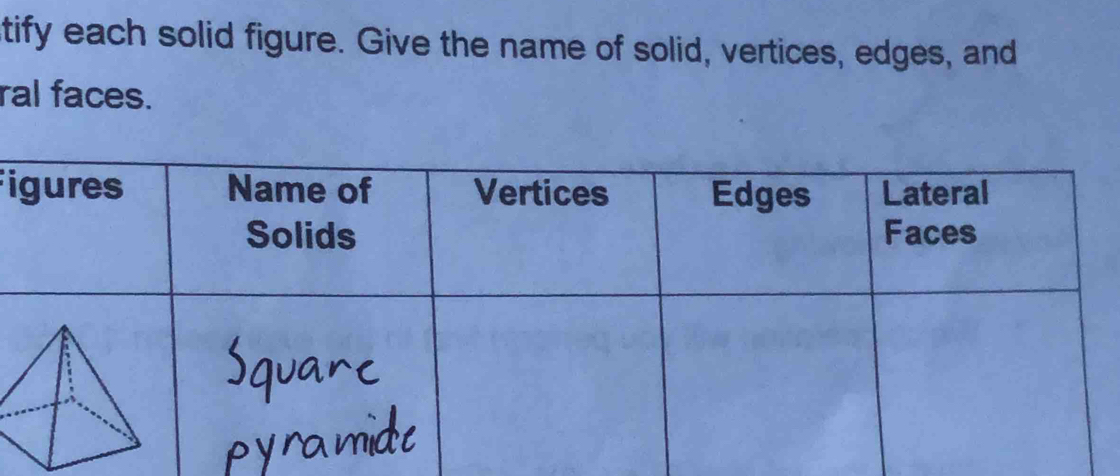 tify each solid figure. Give the name of solid, vertices, edges, and 
ral faces. 
i