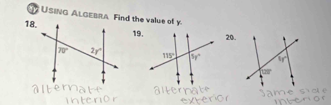 USING ALGEBRA Find the value of y.
18.
19.20.