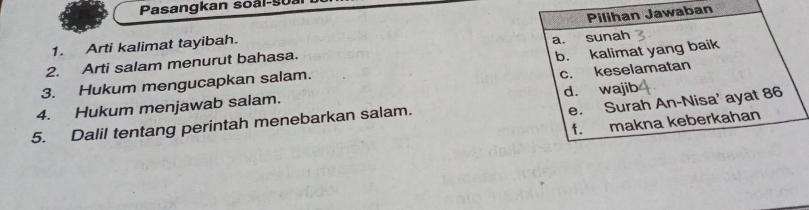 Pasangkan soal-s
Pilihan Jawaban
1. Arti kalimat tayibah.
2. Arti salam menurut bahasa. a. sunah
3. Hukum mengucapkan salam. b. kalimat yang baik
d. waji
4. Hukum menjawab salam. c. keselamatan
e. Surah An-Nisa' ayat 86
f. makna keberkahan
5. Dalil tentang perintah menebarkan salam.