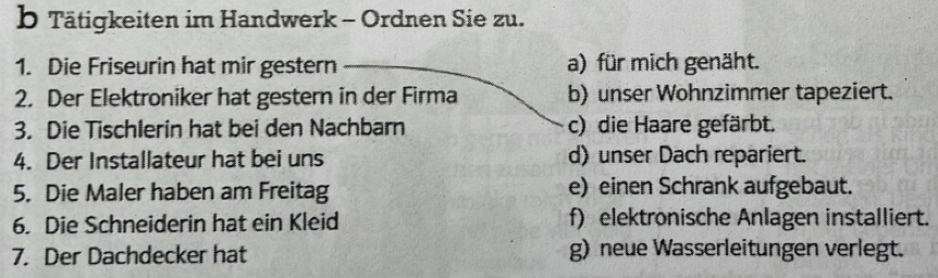 Tätigkeiten im Handwerk - Ordnen Sie zu. 
1. Die Friseurin hat mir gestern a) für mich genäht. 
2. Der Elektroniker hat gestern in der Firma b) unser Wohnzimmer tapeziert. 
3. Die Tischlerin hat bei den Nachbarn c) die Haare gefärbt. 
4. Der Installateur hat bei uns d) unser Dach repariert. 
5. Die Maler haben am Freitag e) einen Schrank aufgebaut. 
6. Die Schneiderin hat ein Kleid f) elektronische Anlagen installiert. 
7. Der Dachdecker hat g) neue Wasserleitungen verlegt.