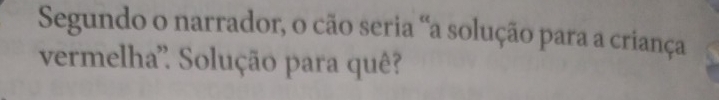 Segundo o narrador, o cão seria “a solução para a criança 
vermelha'' Solução para quê?