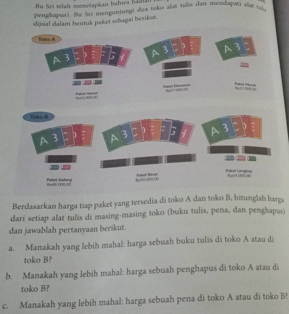 Bu Sri telah menetapkan bahwa hadial 
penghapus). Bu Sri mengunjungi dua toko alat tulis dan mendapati alat tulis 
dijual dalam bentuk paket sebagai berikut. 
Berdasarkan harga tiap paket yang tersedia di toko A dan toko B, hitunglah harga 
dari setiap alat tulis di masing-masing toko (buku tulis, pena, dan penghapus) 
dan jawablah pertanyaan berikut. 
a. Manakah yang lebih mahal: harga sebuah buku tulis di toko A atau di 
toko B? 
b. Manakah yang lebih mahal: harga sebuah penghapus di toko A atau di 
toko B? 
c. Manakah yang lebih mahal: harga sebuah pena di toko A atau di toko B?