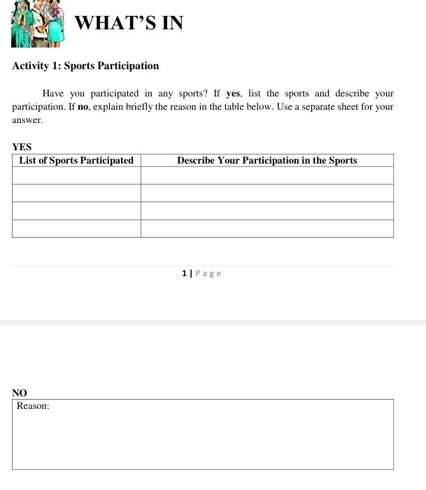 WHAT’S IN 
Activity 1: Sports Participation 
Have you participated in any sports? If yes, list the sports and describe your 
participation. If no, explain briefly the reason in the table below. Use a separate sheet for your 
answer. 
1 | Page 
NO 
Reason: