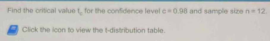 Find the critical value t_c for the confidence level c=0.98 and sample size n=12. 
Click the icon to view the t-distribution table.