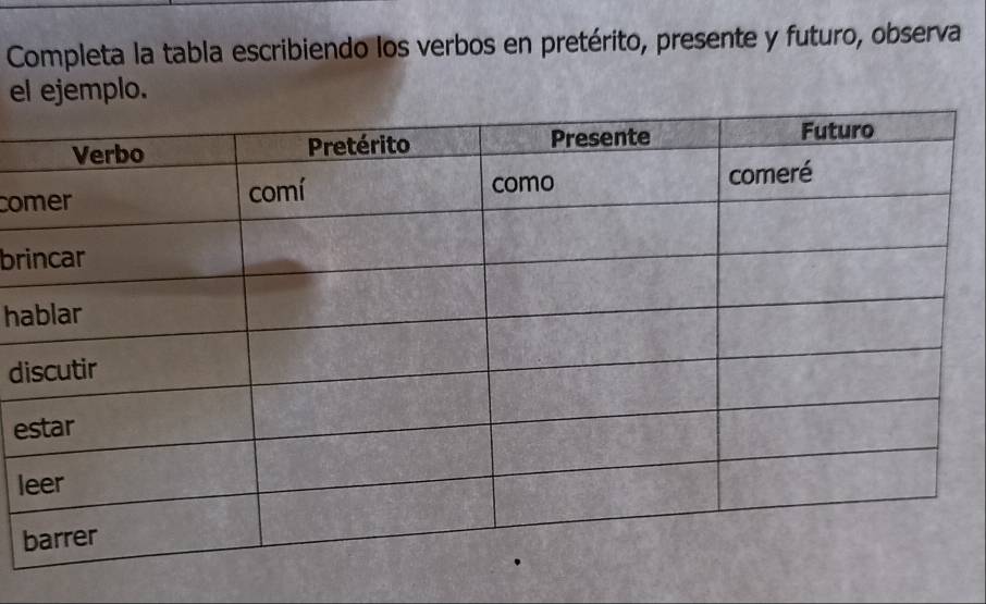 Completa la tabla escribiendo los verbos en pretérito, presente y futuro, observa 
el ejemplo. 
co 
br 
ha 
d 
e 
l 
b