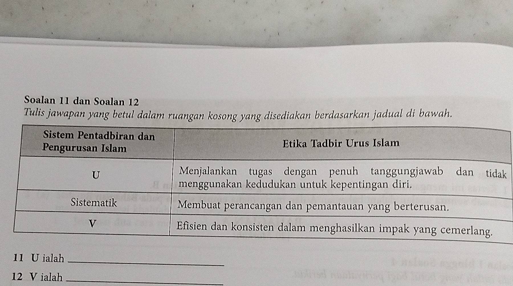 Soalan 11 dan Soalan 12 
Tulis jawapan yang betul dalam ruangan kosong yang disediakan berdasarkan jadual di bawah.
11 U ialah_
12 V ialah_