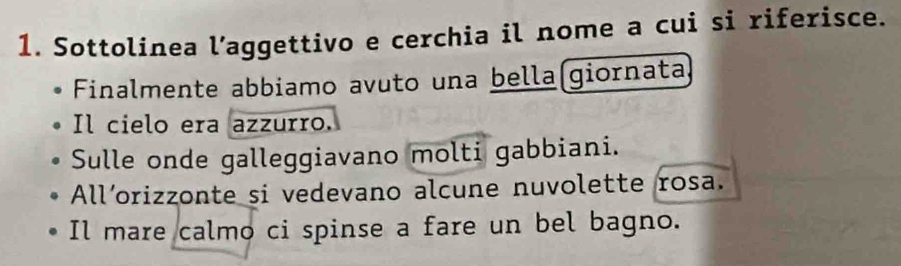 Sottolinea l’aggettivo e cerchia il nome a cui si riferisce. 
Finalmente abbiamo avuto una bella giornata 
Il cielo era azzurro. 
Sulle onde galleggiavano molti gabbiani. 
All’orizzonte si vedevano alcune nuvolette rosa. 
Il mare calmo ci spinse a fare un bel bagno.