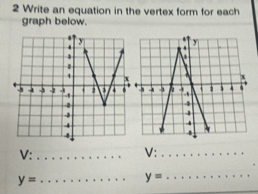 Write an equation in the vertex form for each 
graph below. 
V:_ 
V:_
y= _
y=
_