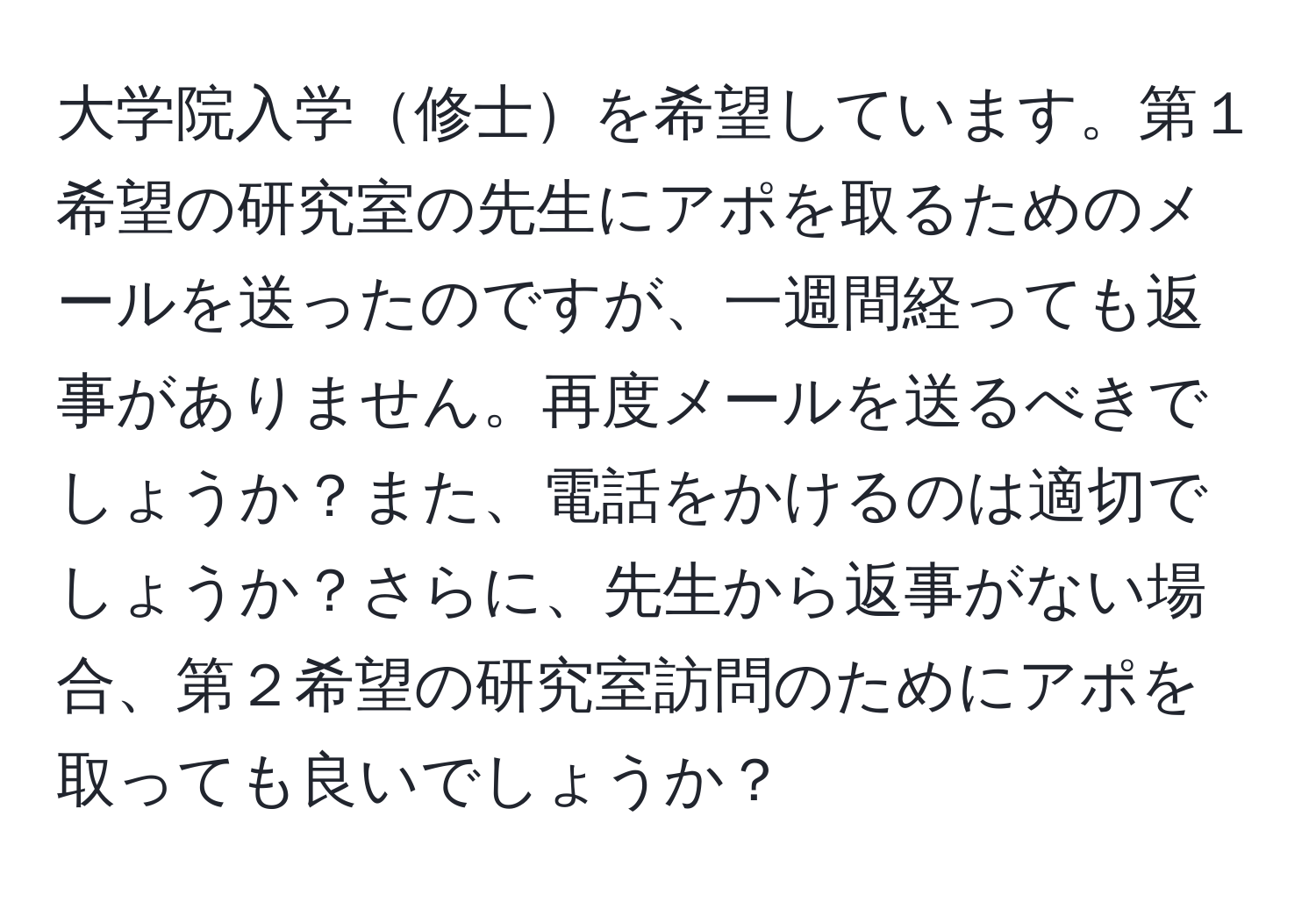 大学院入学修士を希望しています。第１希望の研究室の先生にアポを取るためのメールを送ったのですが、一週間経っても返事がありません。再度メールを送るべきでしょうか？また、電話をかけるのは適切でしょうか？さらに、先生から返事がない場合、第２希望の研究室訪問のためにアポを取っても良いでしょうか？