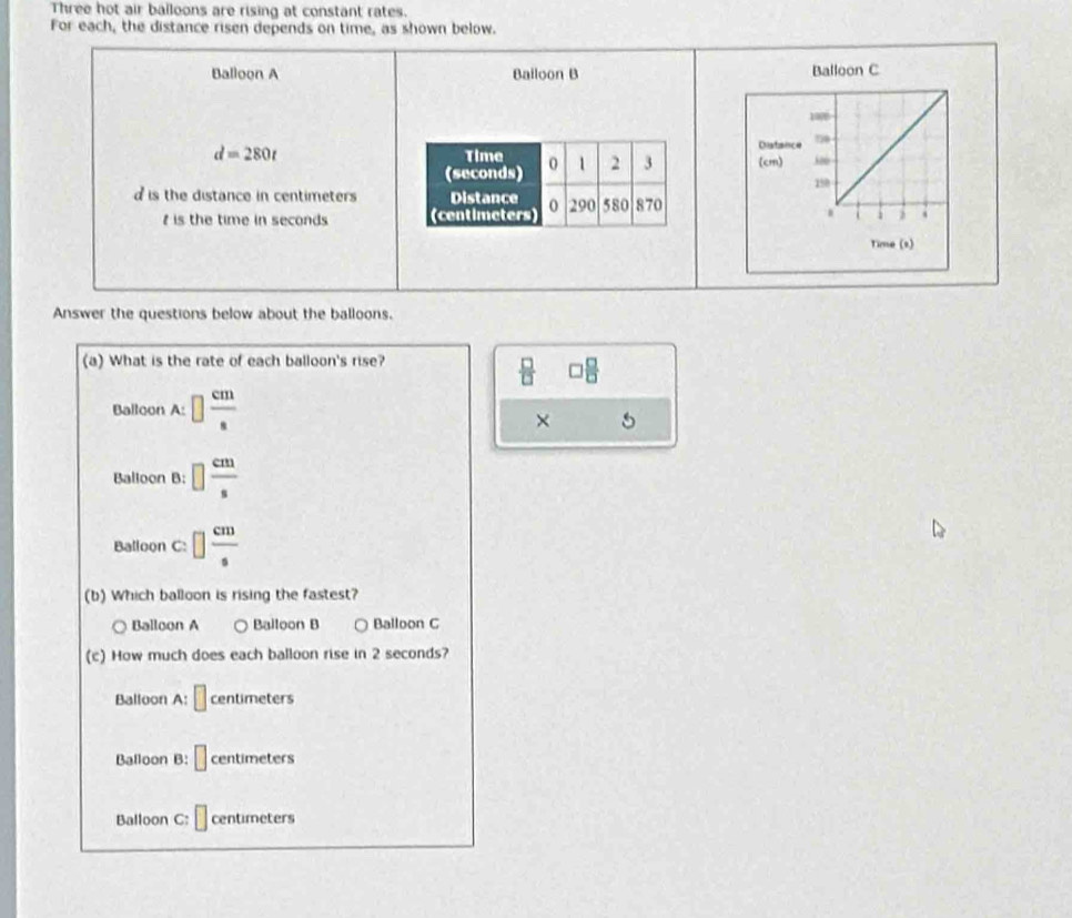 Three hot air balloons are rising at constant rates.
For each, the distance risen depends on time, as shown below.
Balloon A Bailoon B Balloon C
1000
d=280t
Diatsnce
(cm)
150
d is the distance in centimeters
t is the time in seconds. 1
Time (s)
Answer the questions below about the balloons.
(a) What is the rate of each balloon's rise?
 □ /□  
Balloon A: □  cm/s 
×
Balloon B: □  cm/s 
Balloon C: □  cm/s 
(b) Which balloon is rising the fastest?
Balloon A Balloon B Balloon C
(c) How much does each balloon rise in 2 seconds?
Balloon A: □ c centi neters
Balloon B: □ centimeters
Balloon C: □ centimeters