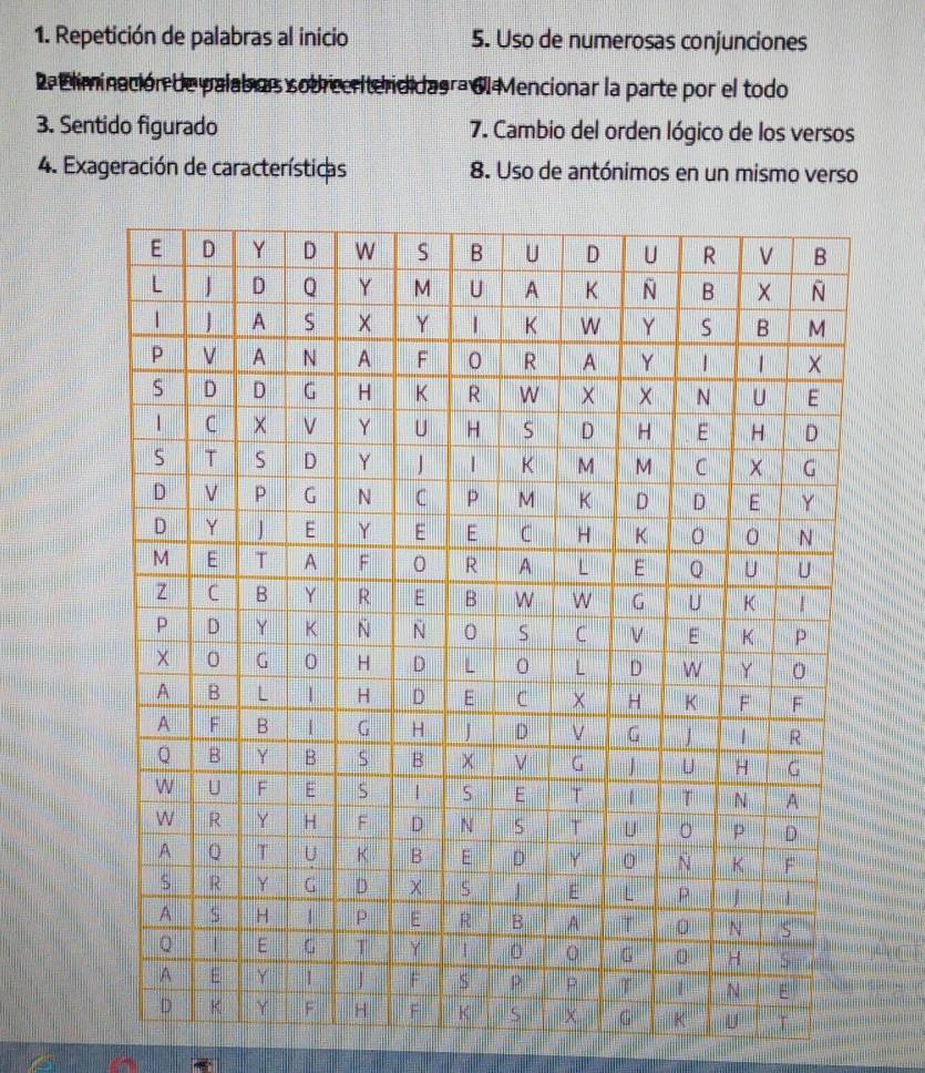 Repetición de palabras al inicio 5. Uso de numerosas conjunciones 
De liminación de palabor sodrccritendidagra dl Mencionar la parte por el todo 
3. Sentido figurado 7. Cambio del orden lógico de los versos 
4. Exageración de características 8. Uso de antónimos en un mismo verso