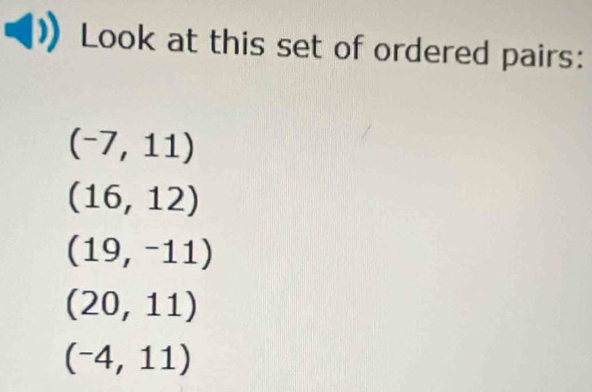 Look at this set of ordered pairs:
(-7,11)
(16,12)
(19,-11)
(20,11)
(-4,11)