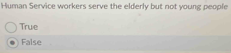 Human Service workers serve the elderly but not young people
True
False