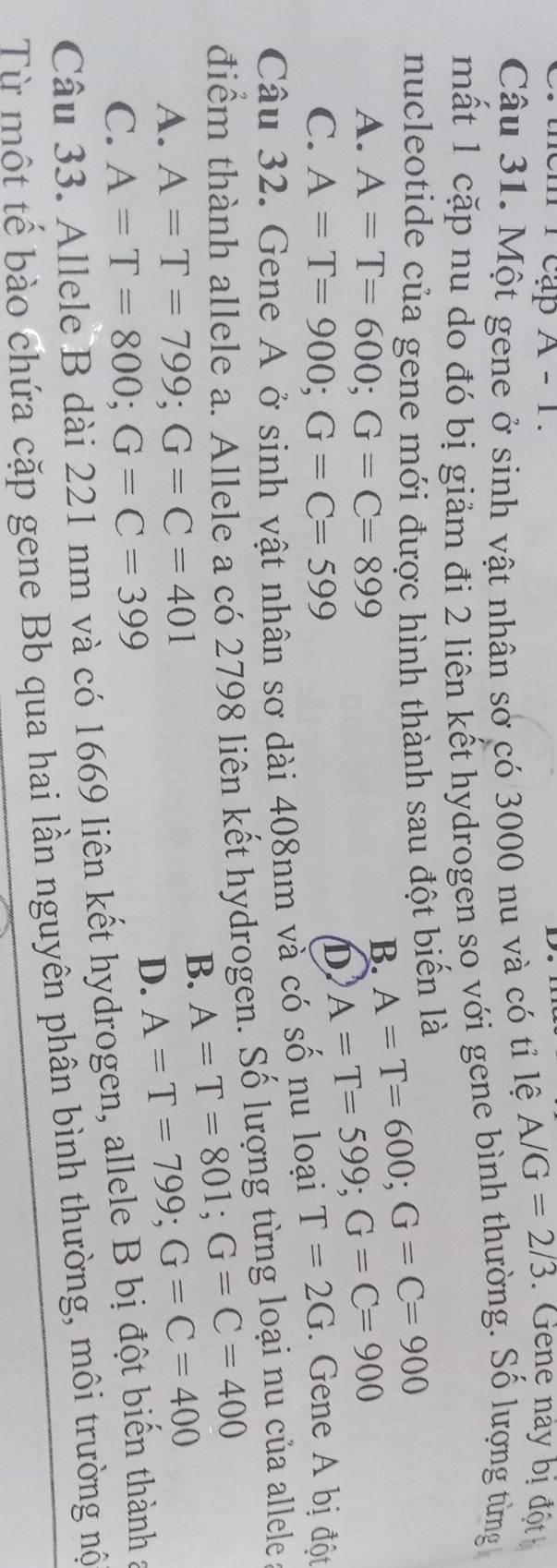 cmr cập A-1
Câu 31. Một gene ở sinh vật nhân sở có 3000 nu và có tỉ lệ A/G=2/3.Gene này bị đột
mất 1 cặp nu do đó bị giảm đi 2 liên kết hydrogen so với gene bình thường. Số lượng từng
nucleotide của gene mới được hình thành sau đột biển là A=T=600; G=C=900
A. A=T=600; G=C=899
B. A=T=599; G=C=900
C. A=T=900; G=C=599
D
Câu 32. Gene A ở sinh vật nhân sơ dài 408nm và có số nu loại T=2G. Gene A bị đột
điểm thành allele a. Allele a có 2798 liên kết hydrogen. Số lượng từng loại nu của allele
B. A=T=801; G=C=400
A. A=T=799; G=C=401
D. A=T=799; G=C=400
C. A=T=800; G=C=399
Câu 33. Allele B dài 221 nm và có 1669 liên kết hydrogen, allele B bị đột biến thành a
Từ một tế bào chứa cặp gene Bb qua hai lần nguyên phân bình thường, môi trường nộ