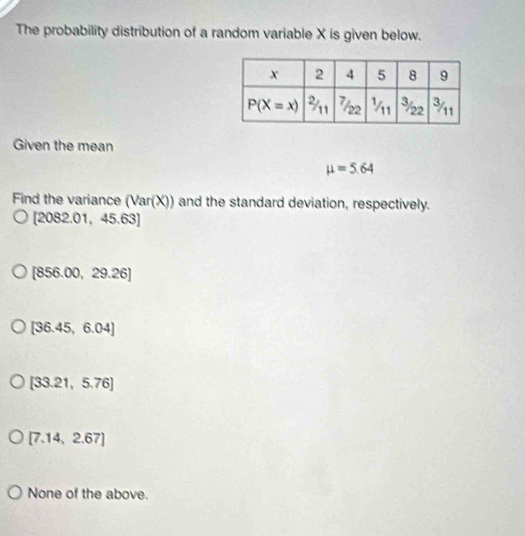 The probability distribution of a random variable X is given below.
Given the mean
mu =5.64
Find the variance (Var(X)) and the standard deviation, respectively.
[2082.01,45.63]
[856.00,29.26]
[36.45,6.04]
[33.21,5.76]
[7.14,2.67]
None of the above.