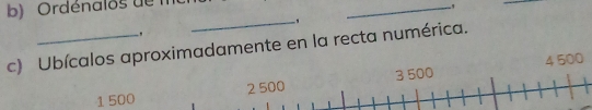 Ordénalos de 
_,
,
_
c) Ubícalos aproximadamente en la recta numérica.
1 500 2 500 3 500 4 500