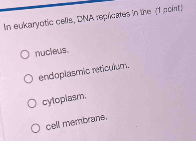 In eukaryotic cells, DNA replicates in the (1 point)
nucleus.
endoplasmic reticulum.
cytoplasm.
cell membrane.