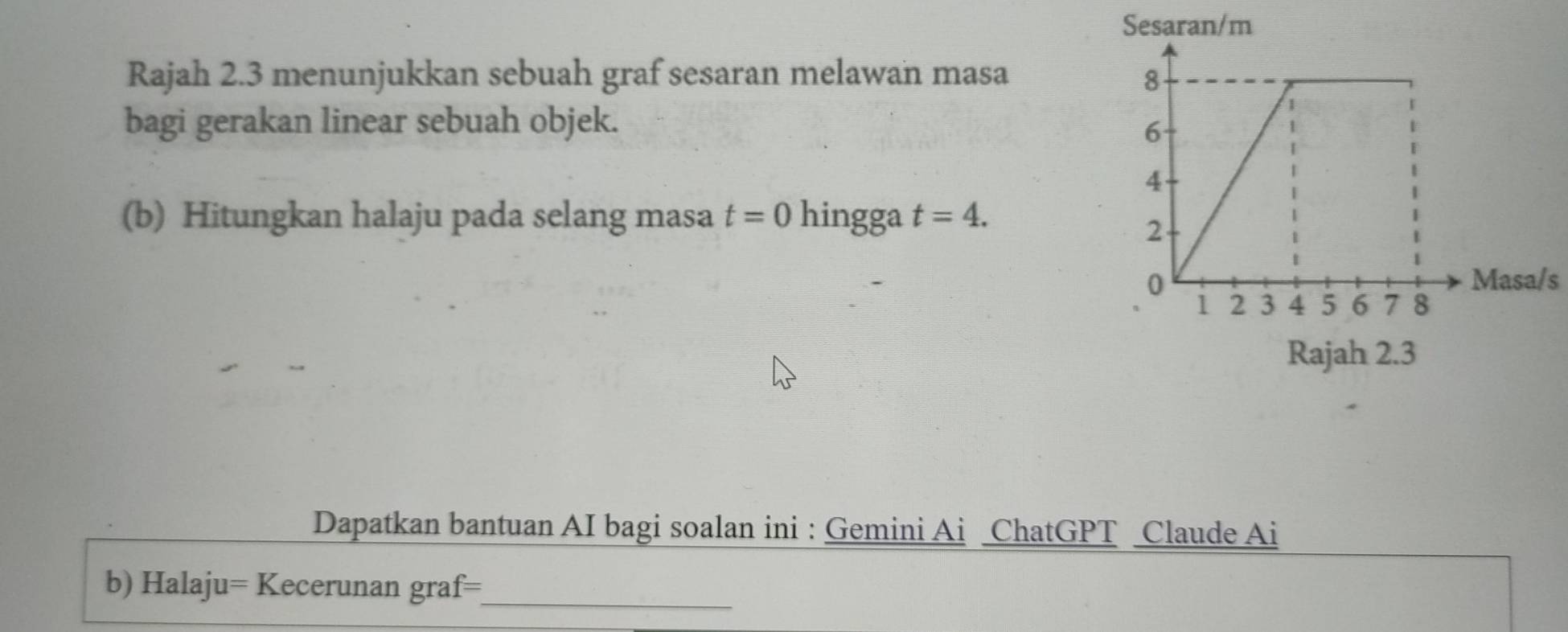 Sesaran/m 
Rajah 2.3 menunjukkan sebuah graf sesaran melawan masa 
bagi gerakan linear sebuah objek. 
(b) Hitungkan halaju pada selang masa t=0 hingga t=4. 
sa/s 
Rajah 2.3 
Dapatkan bantuan AI bagi soalan ini : Gemini Ai ChatGPT Claude Ai 
b) Halaju= Kecerunan graf=_