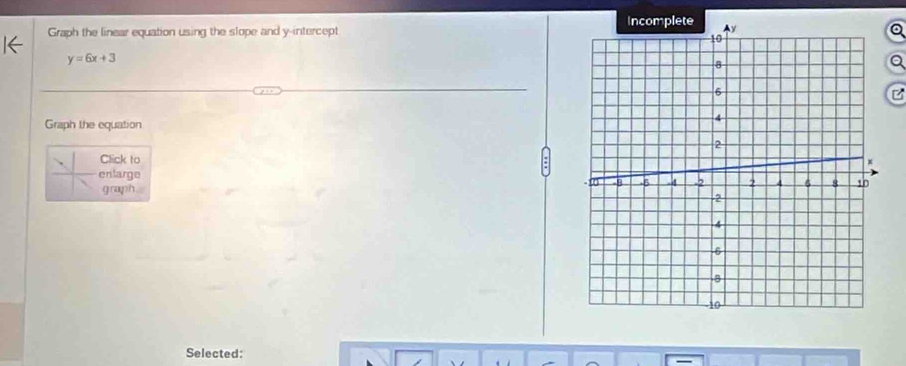 Graph the linear equation using the slope and y-intercept 
Q
y=6x+3
B 
Graph the equation 
Click to 
entarge 
graph 
Selected: