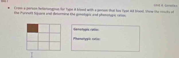 Blo I Unit 4: Genetics 
Cross a person heterozygous for Type A blood with a person that has Type All blood. Show the results of 
the Punnett Square and determine the genotypic and phenotypic ratios. 
Genotypic ratio: 
Phenotypic ratio: 
I