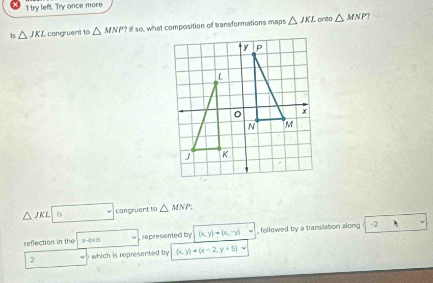 try left. Try once more 
ls △ JKL congruent to △ MNP? If so, what composition of transformations maps △ JKL onto △ MNP
7
△ JKL Is congruent to △ MNP
reflection in the x-ax| represented by (x,y)to (x,-y) , followed by a translation along -2
2 which is represented by (x,y)to (x-2,y+5)