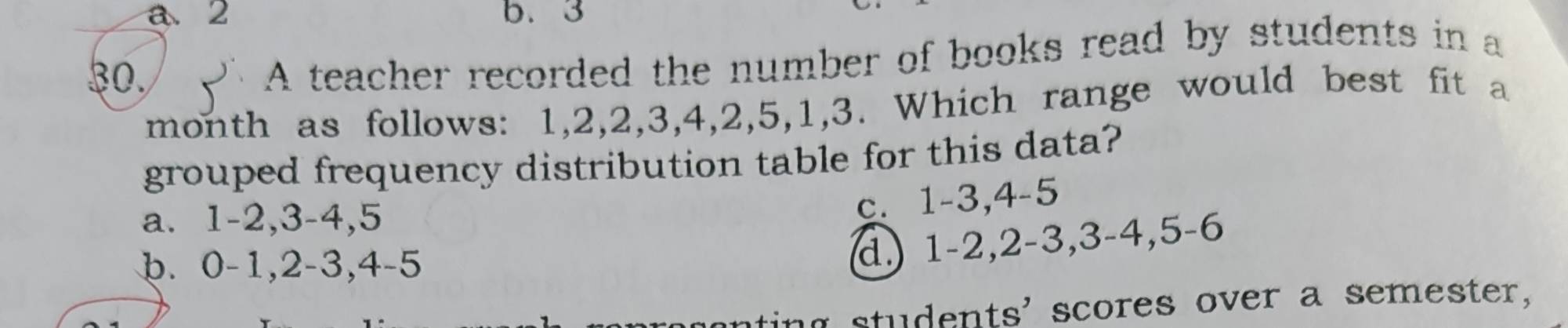 a. 2 b. 3
30. 、 A teacher recorded the number of books read by students in a
month as follows: 1, 2, 2, 3, 4, 2, 5, 1, 3. Which range would best fit a
grouped frequency distribution table for this data?
a. 1 -2, 3 -4, 5
c. 1 -3, 4 -5
b. 0 -1, 2 -3, 4 -5
d.) 1 -2, 2 -3, 3 -4, 5 -6
g s tu dents' scores over a semester,