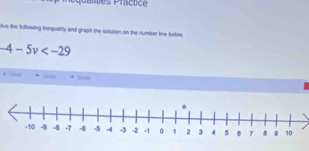 quanes Practice 
olve the following inequality and graph the solution on the number line below.
-4-5v
x Claer Undo Rndo