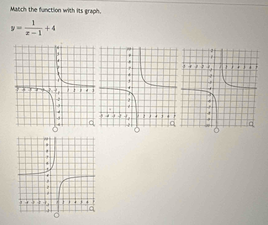 Match the function with its graph.
y= 1/x-1 +4