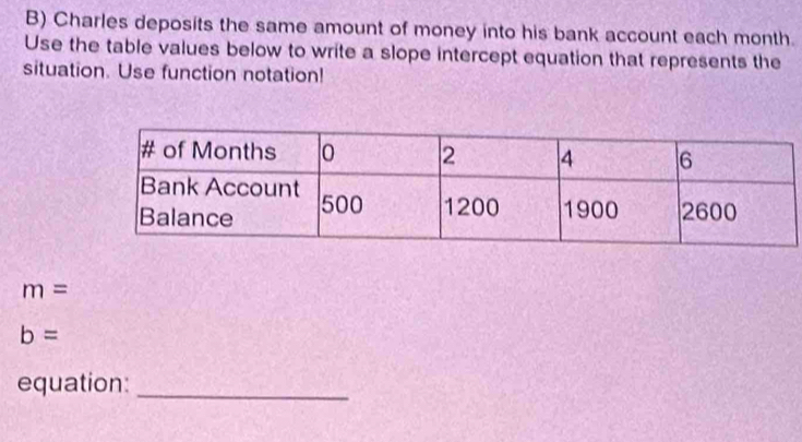 Charles deposits the same amount of money into his bank account each month. 
Use the table values below to write a slope intercept equation that represents the 
situation. Use function notation!
m=
b=
equation:_