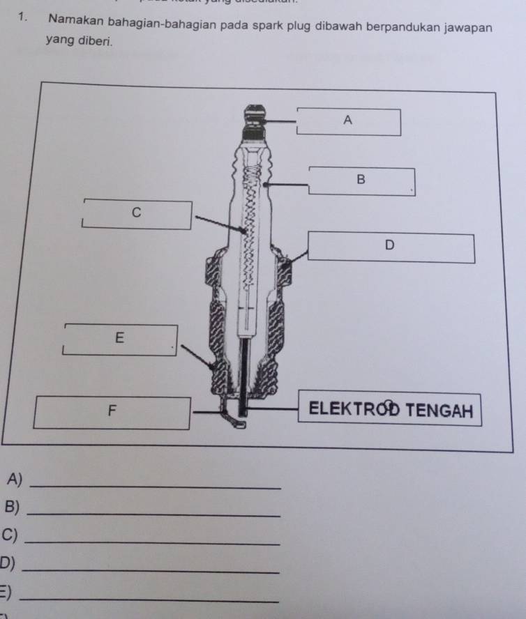 Namakan bahagian-bahagian pada spark plug dibawah berpandukan jawapan 
yang diberi. 
A)_ 
B)_ 
C)_ 
D)_ 
E)_