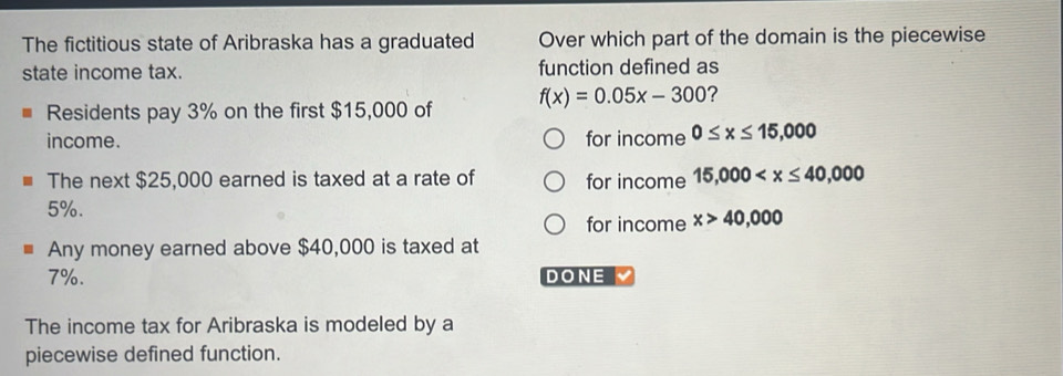 The fictitious state of Aribraska has a graduated Over which part of the domain is the piecewise 
state income tax. function defined as 
Residents pay 3% on the first $15,000 of f(x)=0.05x-300 ? 
income. for income 0≤ x≤ 15,000
The next $25,000 earned is taxed at a rate of for income 15,000
5%. 
for income x>40,000
Any money earned above $40,000 is taxed at
7%. DONE 
The income tax for Aribraska is modeled by a 
piecewise defined function.