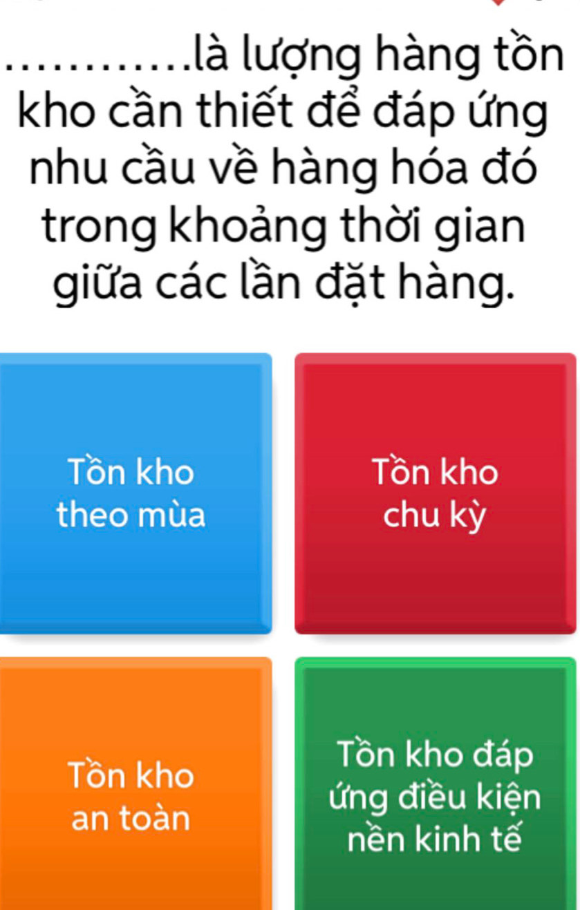 llà lượng hàng tồn
kho cần thiết để đáp ứng
nhu cầu về hàng hóa đó
trong khoảng thời gian
giữa các lần đặt hàng.
Tồn kho Tồn kho
theo mùa chu kỳ
Tồn kho
Tồn kho đáp
an toàn
ứng điều kiện
nền kinh tế