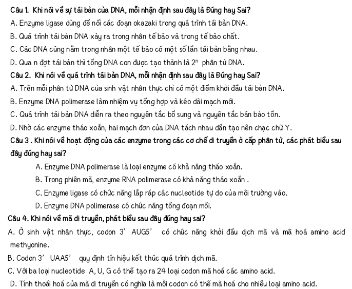 Khi nói về sự tái bản của DNA, mỗi nhận định sau đây là Đúng hay Sai?
A. Enzyme ligase dùng để nối các đoạn okazaki trong quá trình tái bàn DNA.
B. Quá trình tái bản DNA xày ra trong nhân tế bào và trong tế bào chất.
C. Các DNA cùng nằm trong nhân một tế bào có một số lần tái bản bằng nhau.
D. Qua n đợt tái bàn thì tổng DNA con được tạo thành là 2^n phân tử DNA.
Câu 2. Khi nói về quá trình tái bản DNA, mỗi nhận định sau đây là Đúng hay Sai?
A. Trên mỗi phân tử DNA của sinh vật nhân thực chỉ có một điểm khởi đầu tái bản DNA.
B. Enzyme DNA polimerase làm nhiệm vụ tổng hợp và kéo dài mạch mới.
C. Quá trình tái bản DNA diễn ra theo nguyên tắc bổ sung và nguyên tắc bán bảo tồn.
D. Nhờ các enzyme tháo xoắn, hai mạch đơn của DNA tách nhau dần tạo nên chạc chữ Y.
Câu 3 . Khi nói về hoạt động của các enzyme trong các cơ chế di truyền ở cấp phân tử, các phát biểu sau
đây đúng hay sai?
A. Enzyme DNA polimerase là loại enzyme có khả năng tháo xoắn.
B. Trong phiên mã, enzyme RNA polimerase có khả năng tháo xoắn .
C. Enzyme ligase có chức năng lắp ráp các nucleotide tự do của môi trường vào.
D. Enzyme DNA polimerase có chức năng tổng đoạn mổi.
Câu 4. Khi nói về mã di truyền, phát biểu sau đây đúng hay sai?
A. Ở sinh vật nhân thực, codon 3' AUG5' có chức năng khởi đầu dịch mã và mã hoá amino acid
methyonine.
B. Codon 3' UAA5' quy định tín hiệu kết thúc quá trình dịch mã.
C. Với ba loại nucleotide A, U, G có thể tạo ra 24 loại codon mã hoá các amino acid.
D. Tính thoái hoá của mã di truyền có nghĩa là mỗi codon có thể mã hoá cho nhiều loại amino acid.
