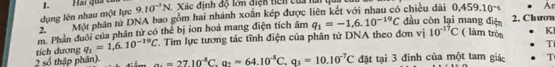 Hai qua ca 
dụng lên nhau một lực 9.10^(-3)N. Xác định độ lớn điện tich của lải 
2. Một phân từ DNA bao gồm hai nhánh xoắn kép được liên kết với nhau có chiều dài 0,459.10 ~ 
At 
đầu còn lại mang điện 
m. Phần đuôi của phân tử có thể bị ion hoá mang điện tích âm 2. Chươn 
tích dương q_1=1,6.10^(-19)C T. Tìm lực tương tác tĩnh điện của phân tử DNA theo đơn vị q_1=-1,6.10^(-19)C 10^(-17)C ( làm tròn K 
T 
2 số thập phân). a_4==27.10^(-8)C, q_2=64.10^(-8)C, q_3=10.10^(-7)C đặt tại 3 đinh của một tam giác . T