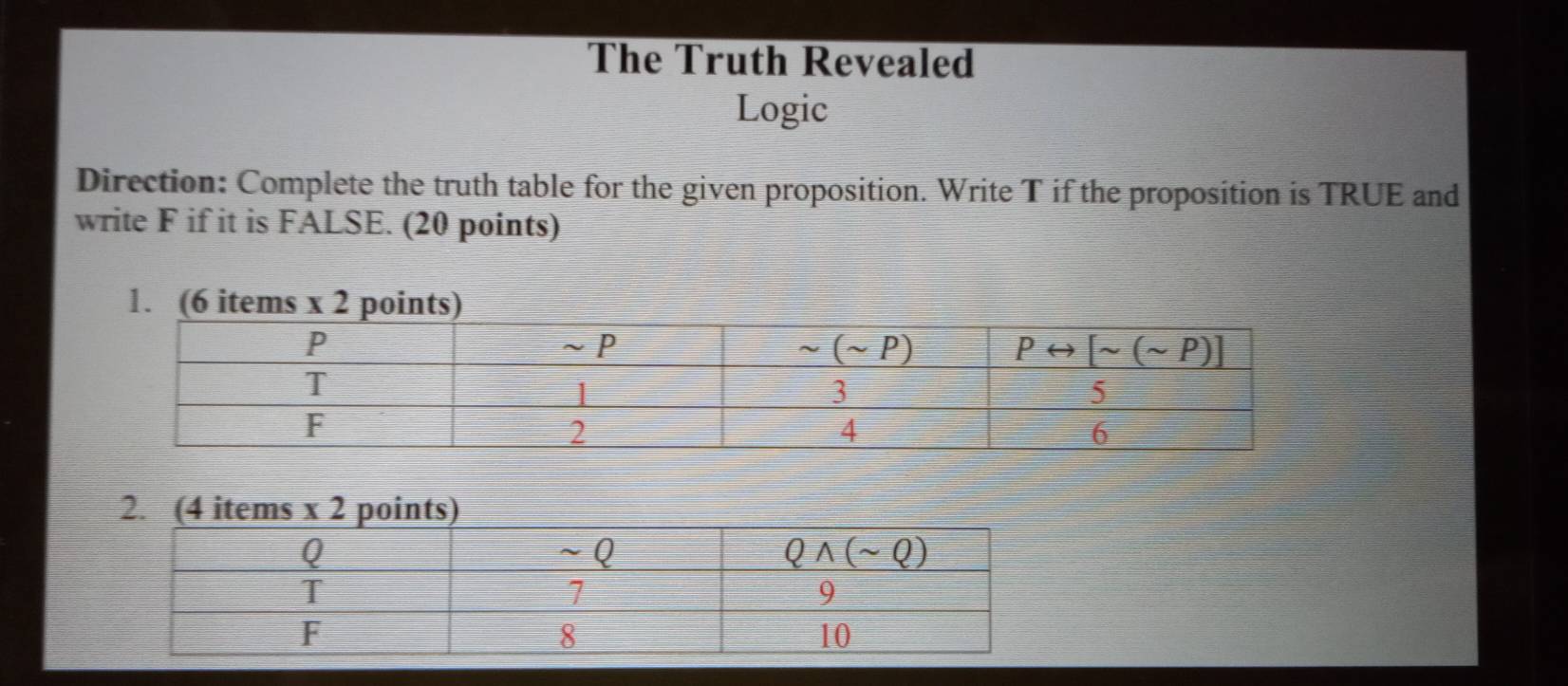 The Truth Revealed
Logic
Direction: Complete the truth table for the given proposition. Write T if the proposition is TRUE and
write F if it is FALSE. (20 points)
1. (6 items x2