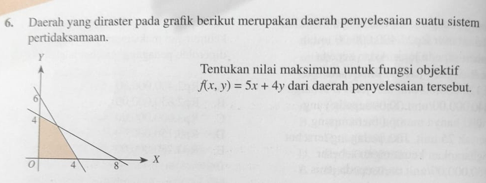 Daerah yang diraster pada grafik berikut merupakan daerah penyelesaian suatu sistem 
pertidaksamaan. 
Tentukan nilai maksimum untuk fungsi objektif
f(x,y)=5x+4y dari daerah penyelesaian tersebut.