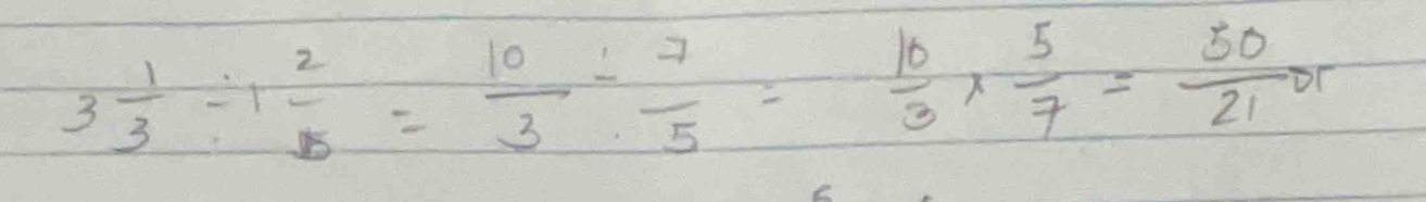 3 1/3 / 1 2/5 = 10/3 /  7/5 = 10/3 *  5/7 = 50/21 or