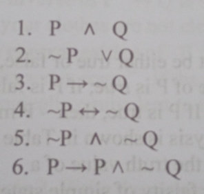 Pwedge Q
2. sim Pvee Q
3. Pto sim Q
4. sim Prightarrow sim Q
5. sim Pwedge sim Q
6. Pto Pwedge sim Q