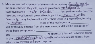 Mushrooms make up most of the organisms in phylum_ . 
In the mushroom life cycle, mycelia grow from _. 
Two mycelia will _for sexual reproduction. The 
resulting mycelium will grow, crowding out the_ 
Eventually, many hyphae will enclose themselves in a membrane, forming 
_ 
the stage of the mushroom. A_ 
will eventually emerge from the membrane, and it will be composed of 
three basic components:_ 
_ 
and _. The spores are formed on basidia found 
in the_ o hose basídia release spores, from 
which new mycelia will grow. (Page 104)