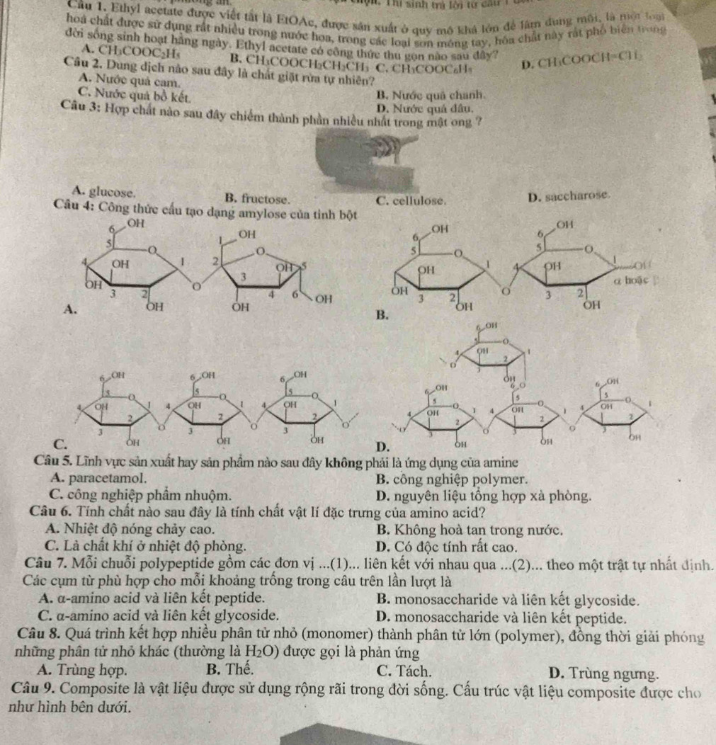 Qh. Thí sinh trả lời từ ca u  1
Câu 1. Ethyl acetate được viết tất là EtOAc, được sân xuất ở quy mô khá lớn để lâm dung môi, là một loại
hoá chất được sử dụng rất nhiều trong nước hoa, trong các loại sơn mông tay, hóa chất này rất phố biển trong
dời sông sinh hoạt hãng ngày. Ethyl acetate có công thức thu gọn nào sau đây? D. CH_3COOCH=CH_2
A. CH_3COOC_2H_5 B. CH₃COOCH₂CH₂CH₃ C. CH₃COOC₆H₃
Câu 2. Dung dịch nào sau đây là chất giặt rừa tự nhiên?
A. Nước quả cam.
C. Nước quả bồ kết B. Nước quâ chanh.
D. Nước quá đâu.
Câu 3: Hợp chát nào sau đây chiếm thành phần nhiều nhất trong mật ong 7
A. glucose. B. fructose. C. cellulose.
D. saccharose
Câu 4: Công thức cấu tạo dạng am
Câu 5. Lĩnh vực sản xuất hay sản phầm nào sau đây không phải là ứng dụng của amine
A. paracetamol. B. công nghiệp polymer.
C. công nghiệp phẩm nhuộm. D. nguyên liệu tổng hợp xà phòng.
Câu 6. Tính chất nào sau đây là tính chất vật lí đặc trưng của amino acid?
A. Nhiệt độ nóng chảy cao. B. Không hoà tan trong nước.
C. Là chất khí ở nhiệt độ phòng. D. Có độc tính rất cao.
Câu 7. Mỗi chuỗi polypeptide gồm các đơn vị ...(1)... liên kết với nhau qua ...(2)... theo một trật tự nhất định.
Các cụm từ phù hợp cho mỗi khoảng trống trong câu trên lần lượt là
A. α-amino acid và liên kết peptide. B monosaccharide và liên kết glycoside.
C. α-amino acid và liên kết glycoside. D. monosaccharide và liên kết peptide.
Câu 8. Quá trình kết hợp nhiều phân tử nhỏ (monomer) thành phân tử lớn (polymer), đồng thời giải phóng
những phân tử nhỏ khác (thường là H_2O) được gọi là phản ứng
A. Trùng hợp. B. Thế. C. Tách. D. Trùng ngưng.
Câu 9. Composite là vật liệu được sử dụng rộng rãi trong đời sống. Cấu trúc vật liệu composite được cho
như hình bên dưới.