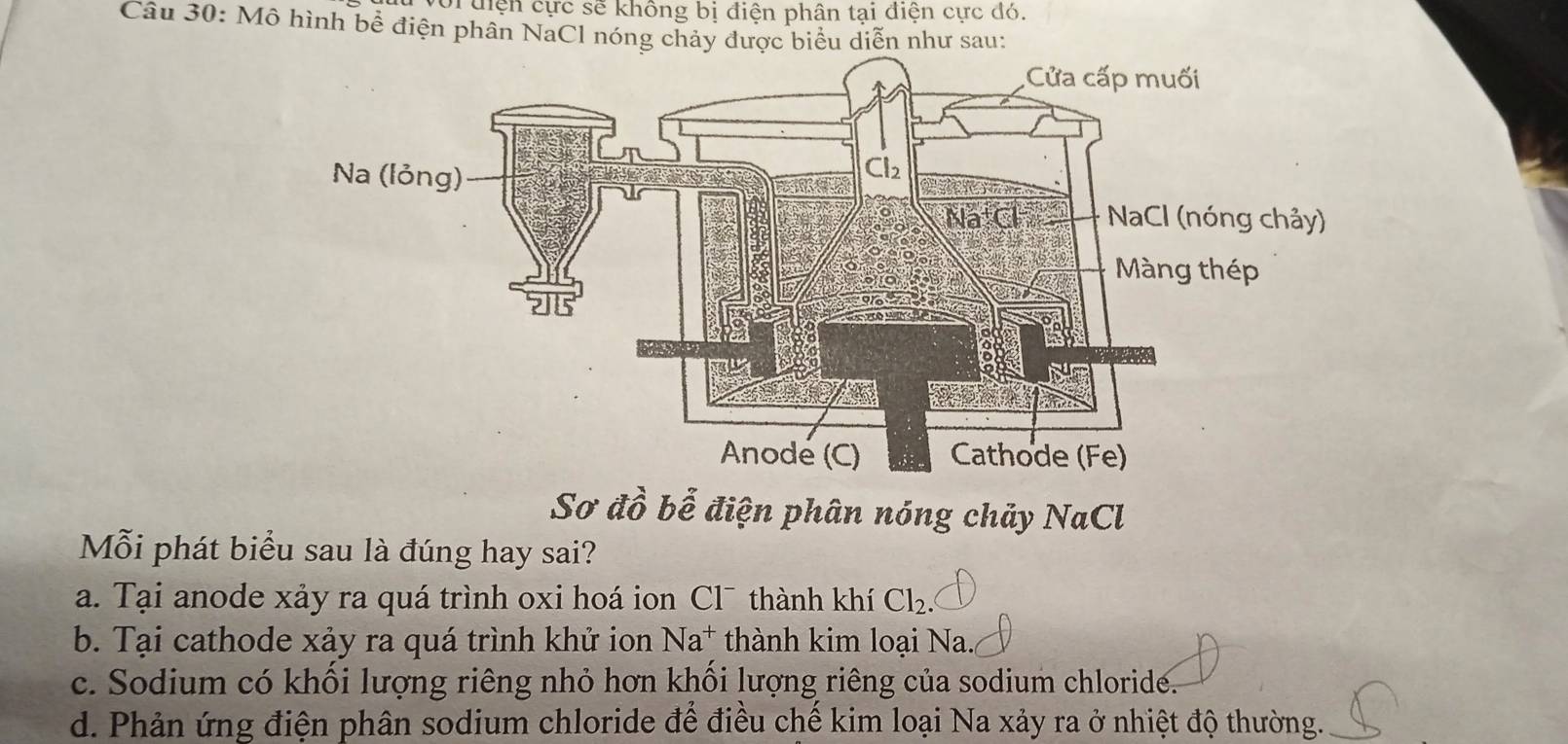 Duiện cực sẽ không bị điện phân tại điện cực đó.
Câu 30: Mô hình bể điện phân NaCl nóng chảy được biểu diễn như sau:
Sơ đồ bể điện phân nóng chủy NaCl
Mỗi phát biểu sau là đúng hay sai?
a. Tại anode xảy ra quá trình oxi hoá ion Cl¯ thành khí Cl_2.
b. Tại cathode xảy ra quá trình khử ion Na^+ thành kim loại Na.
c. Sodium có khối lượng riêng nhỏ hơn khối lượng riêng của sodium chloride.
d. Phản ứng điện phân sodium chloride để điều chế kim loại Na xảy ra ở nhiệt độ thường._