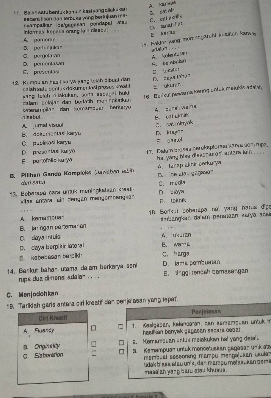 A. kanvas
11. Salah satu bentuk komunikasi yang dilakukan
B. cat air
secara lisan dan terbuka yang bertujuan me-
C. cat akrilik
nyampaikan ide/gagasan, pendapat, atau
D. tanah liat
informasi kepada orang lain disebut . . . .
E. kertas
15. Faktor yang memengaruhi kualitas kanvas
A. pameran
B. pertunjukan
adalah …
C. pergelaran
A. kelenturan
D. pementasan
B. ketebalan
E. presentasi
C. tekstur
12. Kumpulan hasil karya yang telah dibuat dan D. daya tahan
salah satu bentuk dokumentasi proses kreatif E. ukuran
16. Berikut pewarna kering untuk melukis adalah
yang telah dilakukan, serta sebagai bukti
dalam belajar dan berlatih meningkatkan
keterampilan dan kemampuan berkarya
A. pensil warna
disebut . . . . B. cat akrilik
A. jurnal visual C. cat minyak
B. dokumentasi karya D. krayon
C. publikasi karya
E. pastel
D. presentasi karya
17. Dalam proses bereksplorasi karya seni rupa,
E. portofolio karya
hal yang bisa dieksplorasi antara lain . . . .
B. Pilihan Ganda Kompleks (Jawaban lebih A. tahap akhir berkarya
B. ide atau gagasan
dari satu) C. media
13. Beberapa cara untuk meningkatkan kreati- D. biaya
vitas antara lain dengan mengembangkan E. teknik
A. kemampuan 18. Berikut beberapa hal yang harus dipe
B. jaringan pertemanan timbangkan dalam penataan karya adala
C. daya intuisi A. ukuran
D. daya berpikir lateral B. warna
E. kebebasan berpikir C. harga
14. Berikut bahan utama dalam berkarya seni D. lama pembuatan
rupa dua dimensi adalah . . . . E. tinggi rendah pemasangan
C. Menjodohkan
19. Tariklah garis antara ciri kreatif dan penjelasan yang tepatl
Penjelasan
Cirl Kreatif
A. Fluency 1. Kesigapan, kelancaran, dan kemampuan untuk m
hasilkan banyak gagasan secara cepat.
B. Originality 2. Kemampuan untuk melakukan hal yang detail.
C. Elaboration 3. Kemampuan untuk mencetuskan gagasan unik ata
membuat seseorang mampu mengajukan usulan
tidak biasa atau unik, dan mampu melakukan peme
masalah yang baru atau khusus.