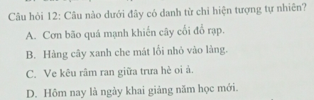 Câu hỏi 12: Câu nào dưới đây có danh từ chỉ hiện tượng tự nhiên?
A. Cơn bão quá mạnh khiến cây cối đổ rạp.
B. Hàng cây xanh che mát lối nhỏ vào làng.
C. Ve kêu râm ran giữa trưa hè oi ả.
D. Hôm nay là ngày khai giảng năm học mới.