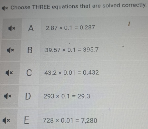 Choose THREE equations that are solved correctly.