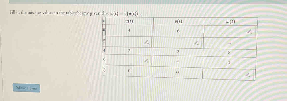 Fill in the missing values in the tables below 
Submit answer