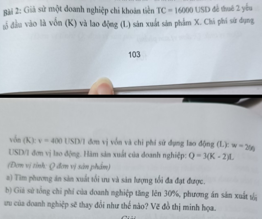 Giả sử một doanh nghiệp chi khoản tiền TC=16000USD đề thuê 2 yếu 
tố đầu vào là vốn (K) và lao động (L) sản xuất sản phẩm X. Chi phí sử dụng 
103 
vốn (K): v=400 USD/1 đơn vị vốn và chi phí sử dụng lao động (L): w=200
USD/1 đơn vị lao động. Hàm sản xuất của doanh nghiệp: Q=3(K-2)L
(Đơn vị tinh: Q đơn vị sản phẩm) 
a) Tìm phương án sản xuất tối ưu và sản lượng tối đa đạt được. 
b) Giả sử tổng chỉ phí của doanh nghiệp tăng lên 30%, phương án sản xuất tối 
ưu của doanh nghiệp sẽ thay đổi như thế nào? Vẽ đồ thị minh họa.