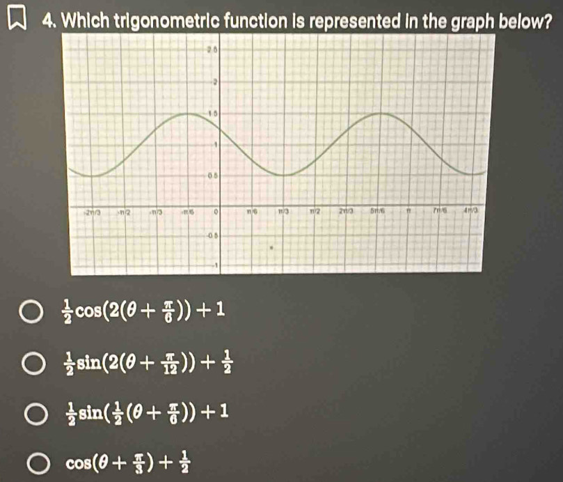 Which trigonometric function is represented in the graph below?
 1/2 cos (2(θ + π /6 ))+1
 1/2 sin (2(θ + π /12 ))+ 1/2 
 1/2 sin ( 1/2 (θ + π /6 ))+1
cos (θ + π /3 )+ 1/2 