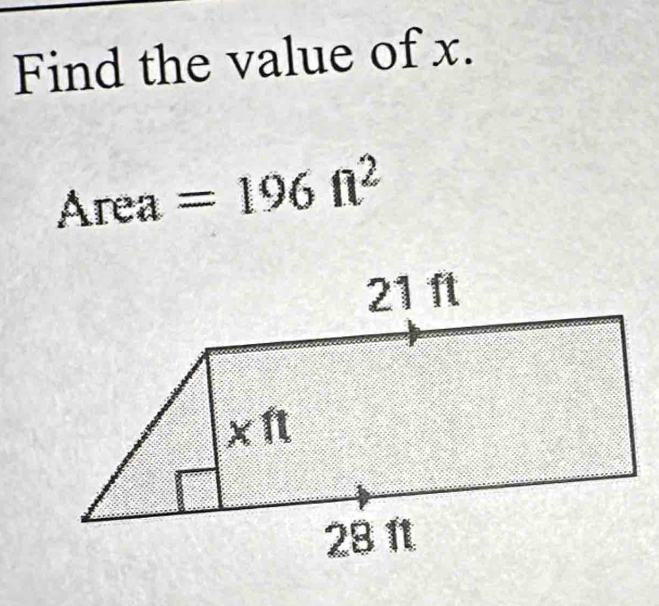 Find the value of x.
Area=196ft^2